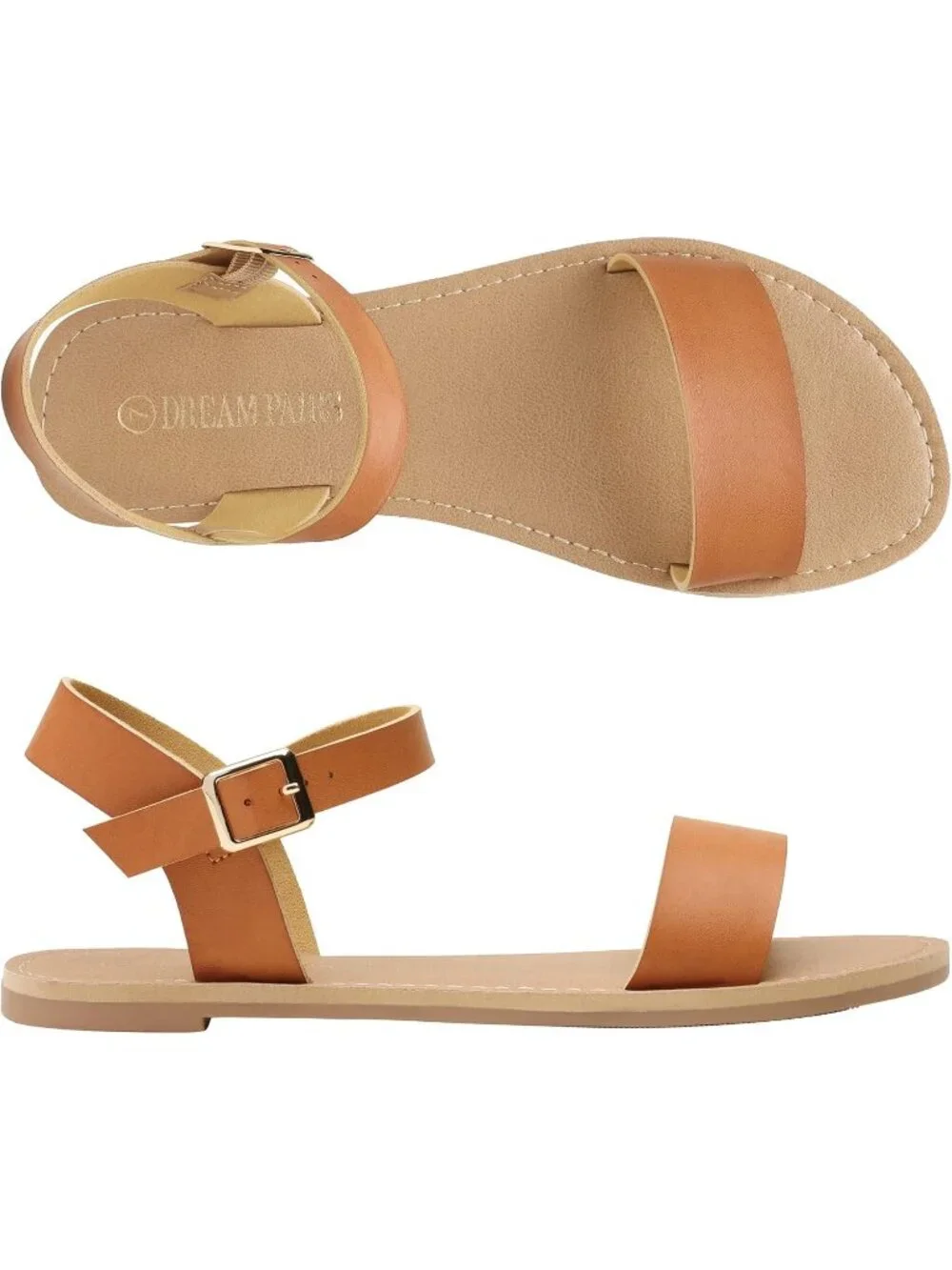 Women's Tan Flat Sandal Open Toe Ankle Strap Faux Leather Non Slip Shoes